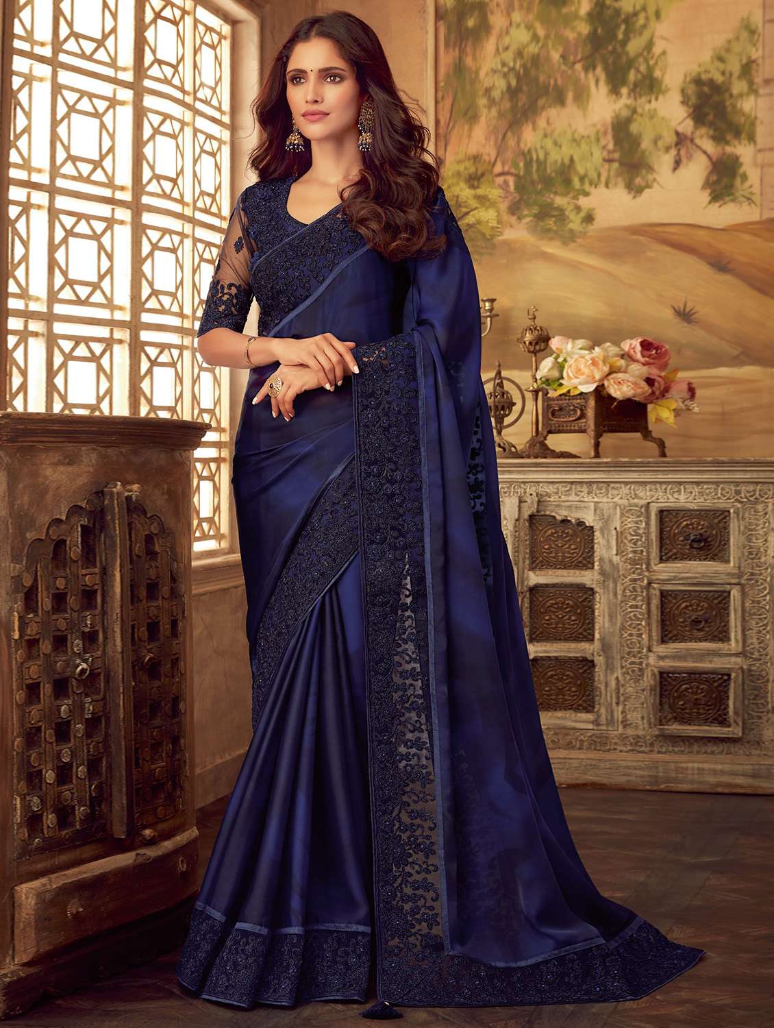solid embroidered saree with blouse