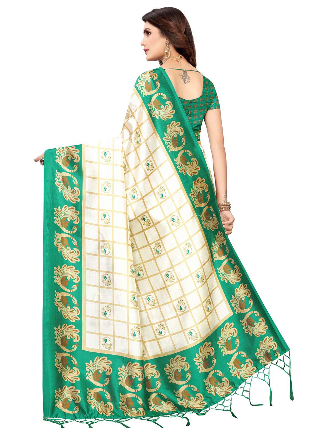 women's checks cream colored saree - 16850297 -  Standard Image - 1