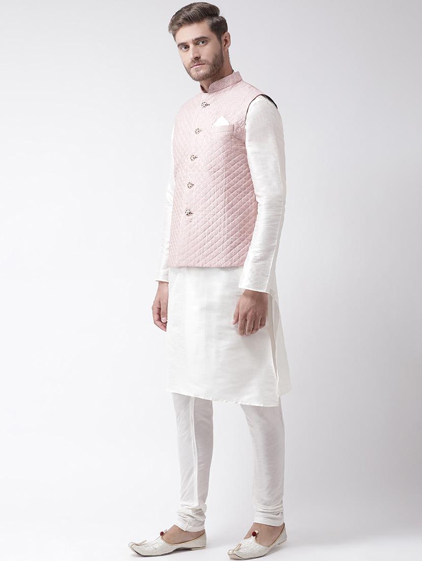 white silk blend kurta pyjama set with pink solid nehru jacket - 16856885 - Standard Image - 1