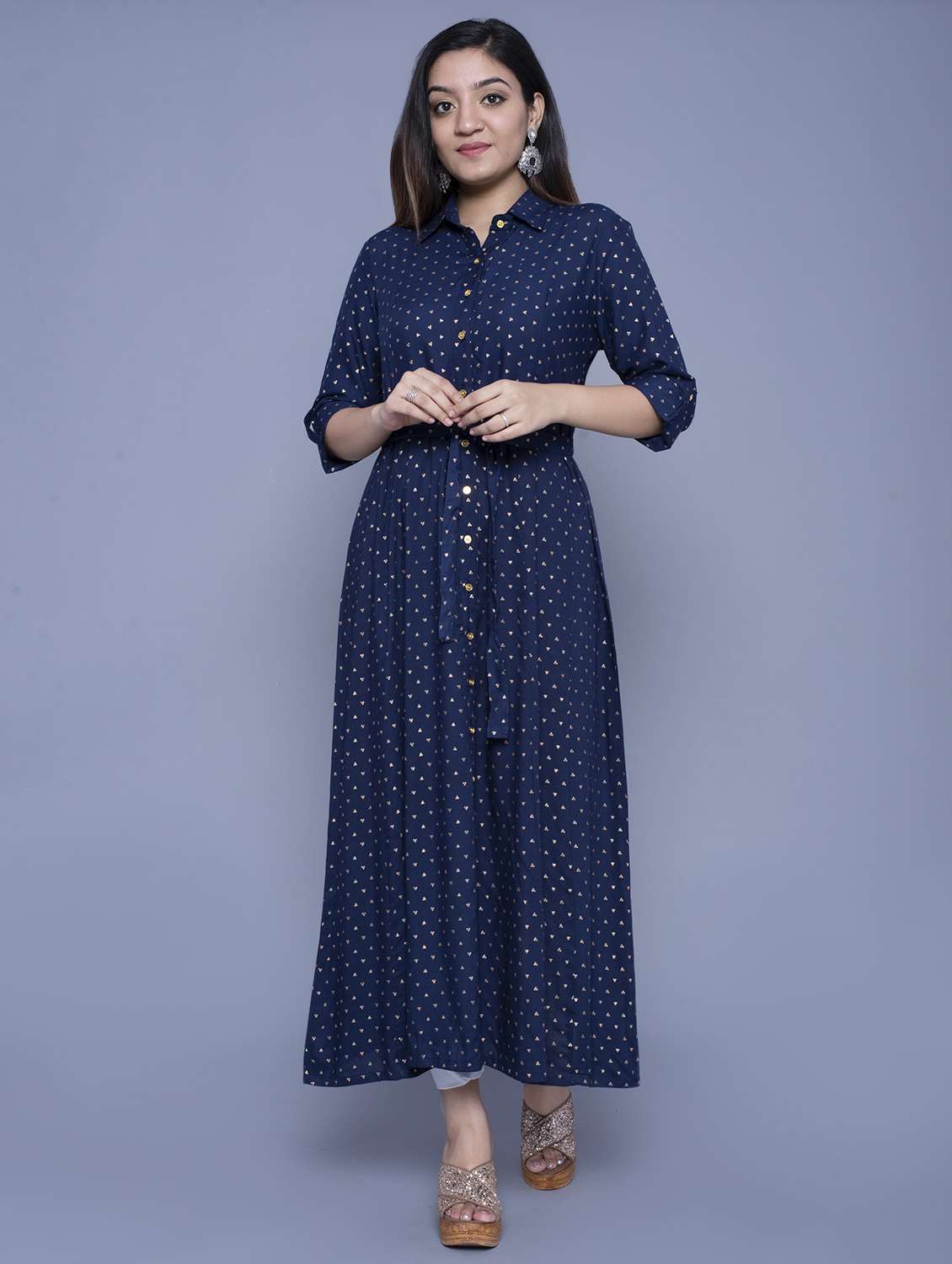 gold print flared kurta