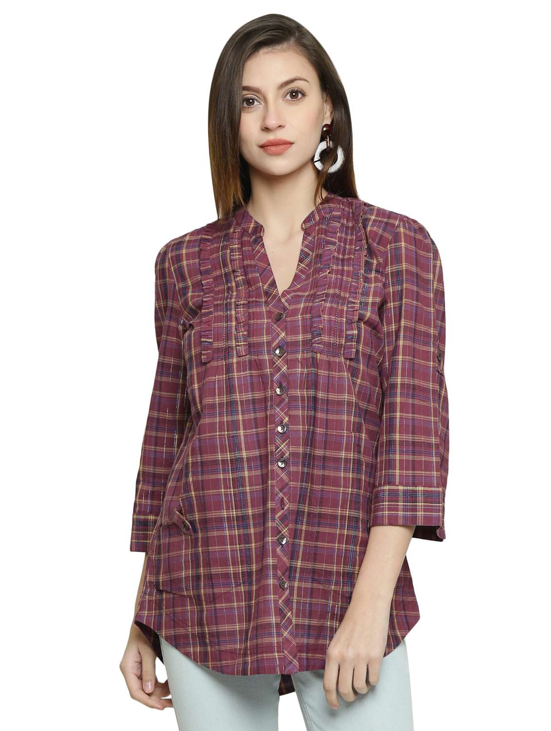 Mandarin Neck Checkered Shirt 