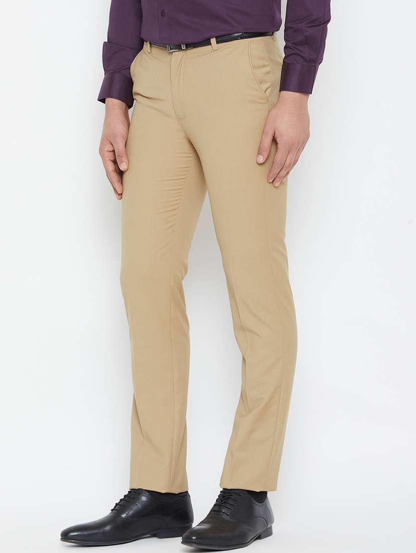 beige solid flat front formal trouser - 16865297 -  Standard Image - 1