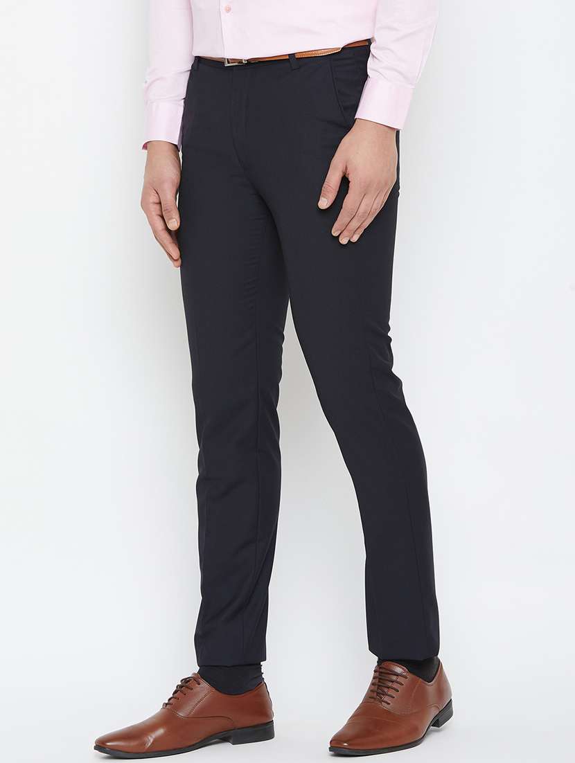 navy blue textured flat front formal trouser - 16865299 -  Standard Image - 1