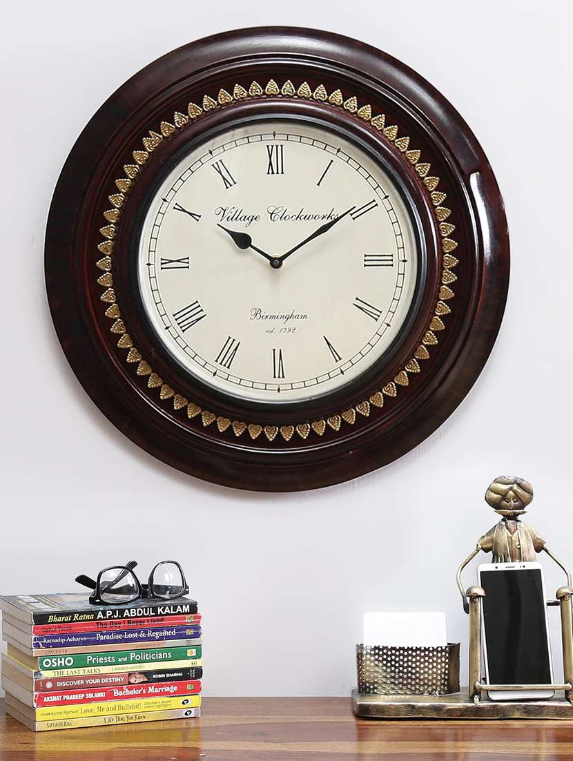 brown wooden analog vintage wall clock