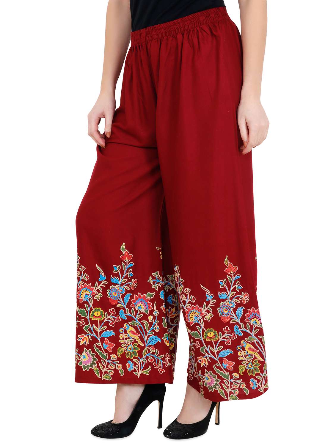maroon floral print flared palazzo - 16866683 -  Standard Image - 1