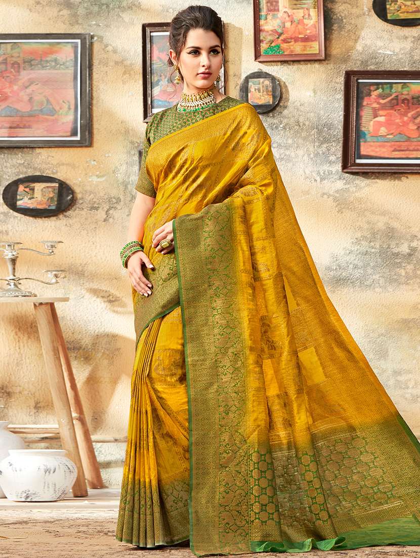 Women's Self Design Mustard Colored Saree With Blouse