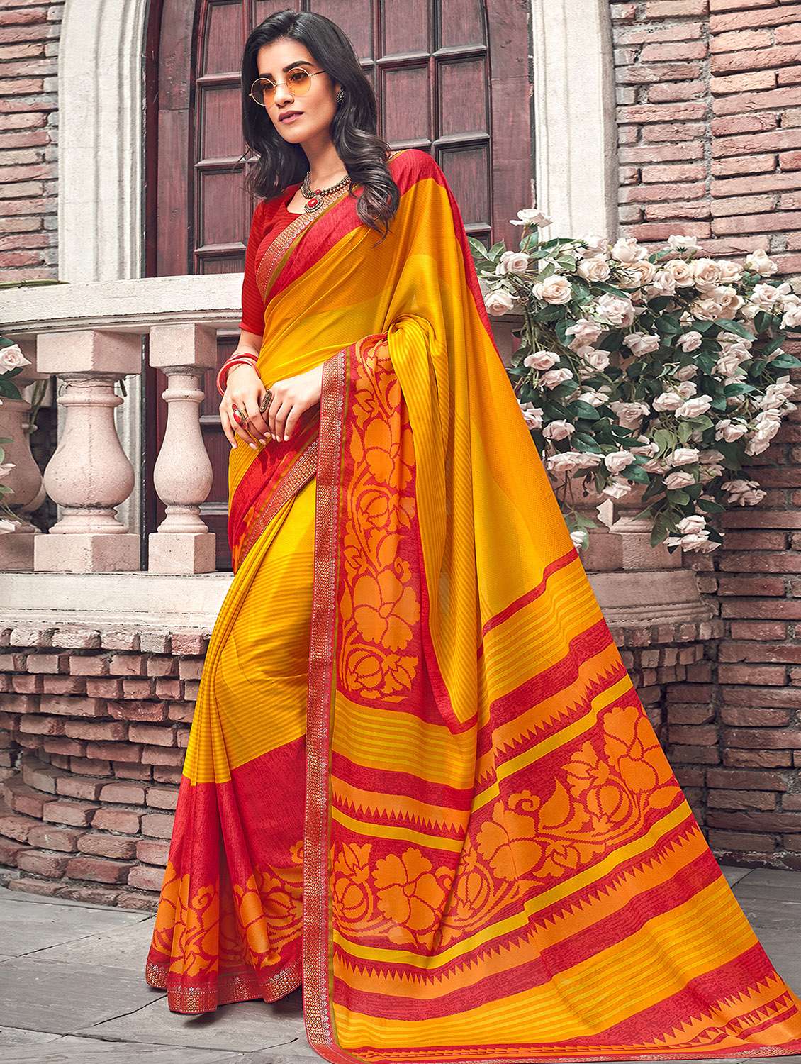 women's floral yellow colored saree with blouse