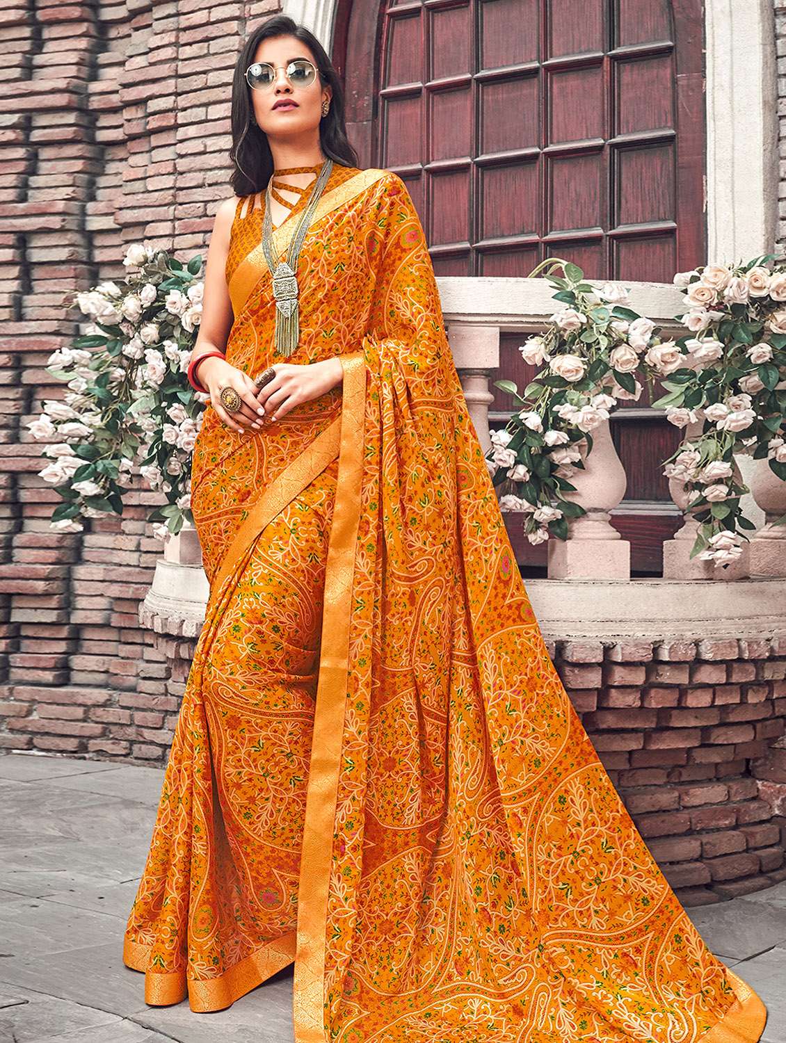 women's abstract mustard colored saree with blouse