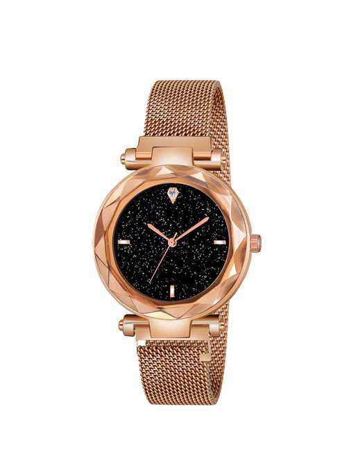 lorenz sparkling diamond cut black dial magnetic strap luxury analog watch - rose gold - as-76a�