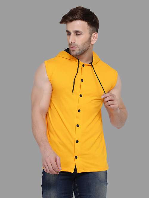 Yellow Solid Hooded T Shirt