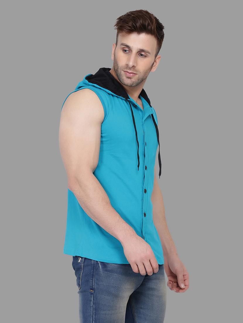 blue solid hooded t-shirt - 16873146 - Standard Image - 1