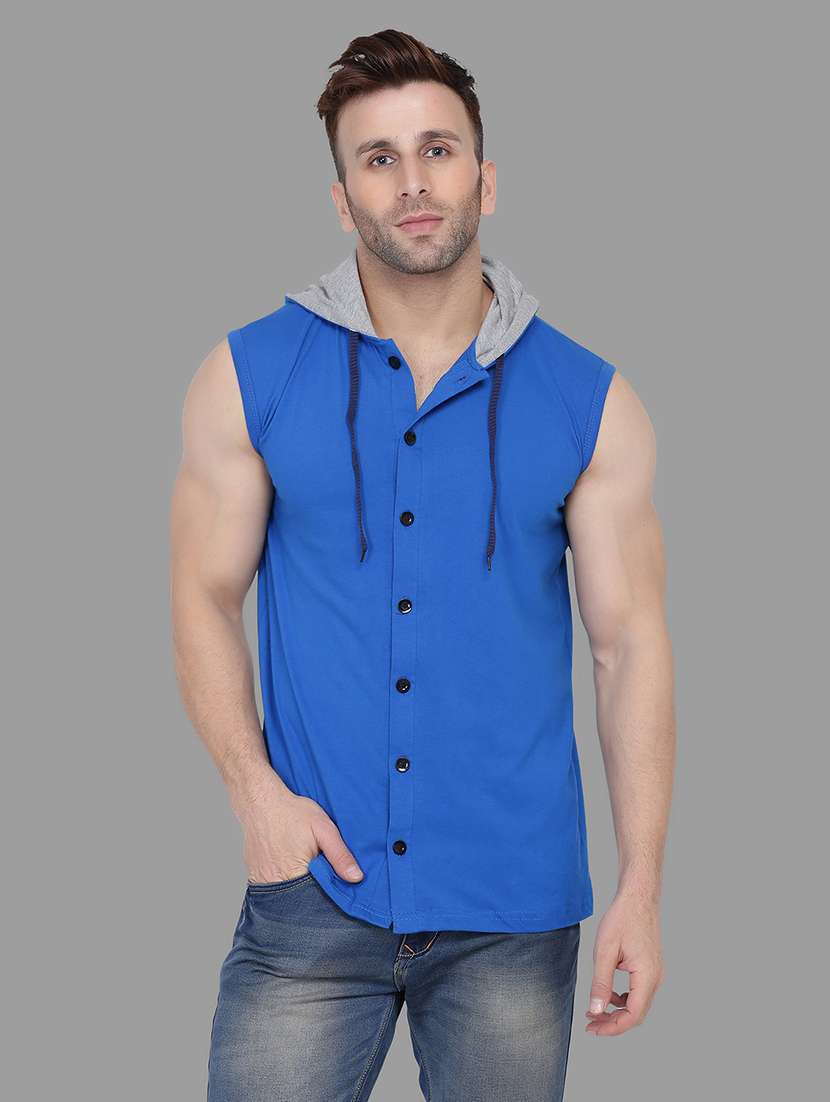 blue solid hooded t-shirt