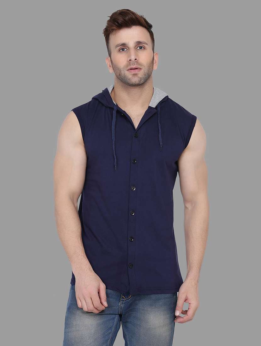 navy blue solid hooded t-shirt