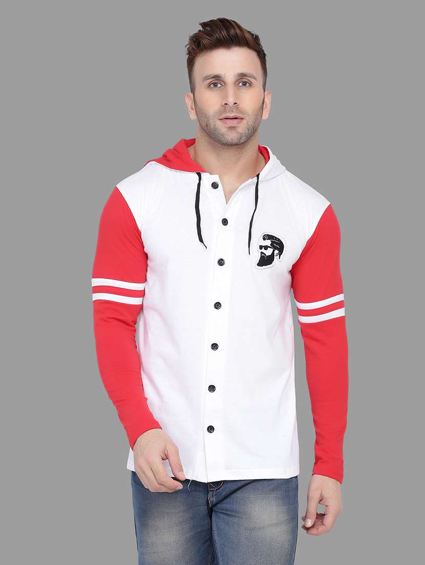 men white slim fit color block hooded shirt  