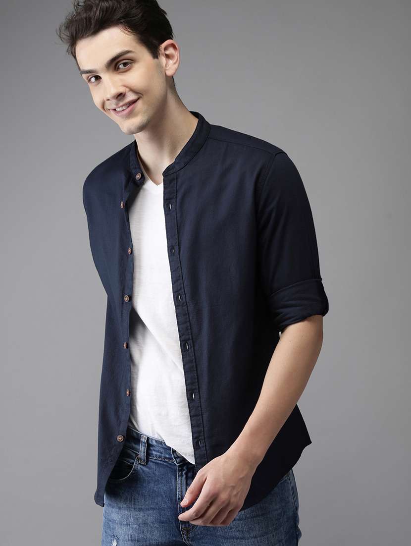 navy blue solid casual shirt