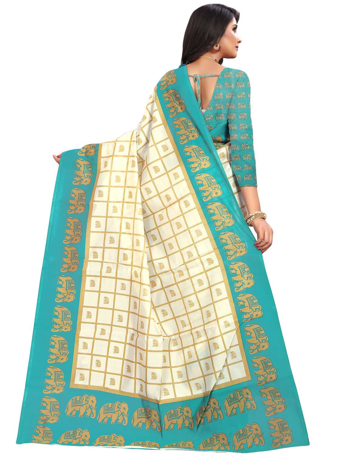 women's checks cream colored saree with blouse - 16878304 -  Standard Image - 1