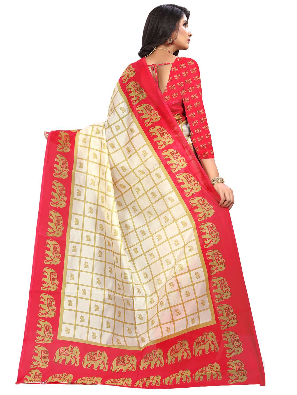 women's checks cream colored saree with blouse - 16878305 - Standard Image - 1