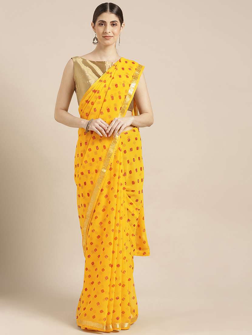 women's printed mustard colored saree