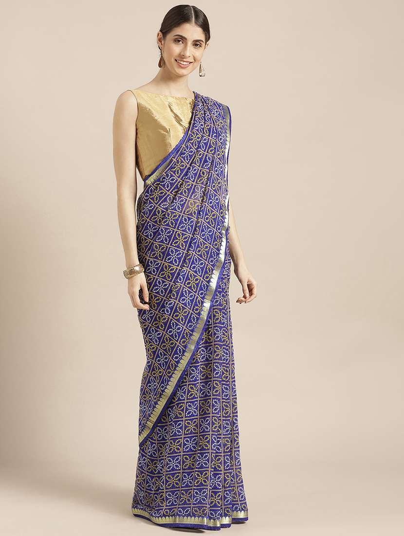 women's bandhani navy blue colored saree with blouse