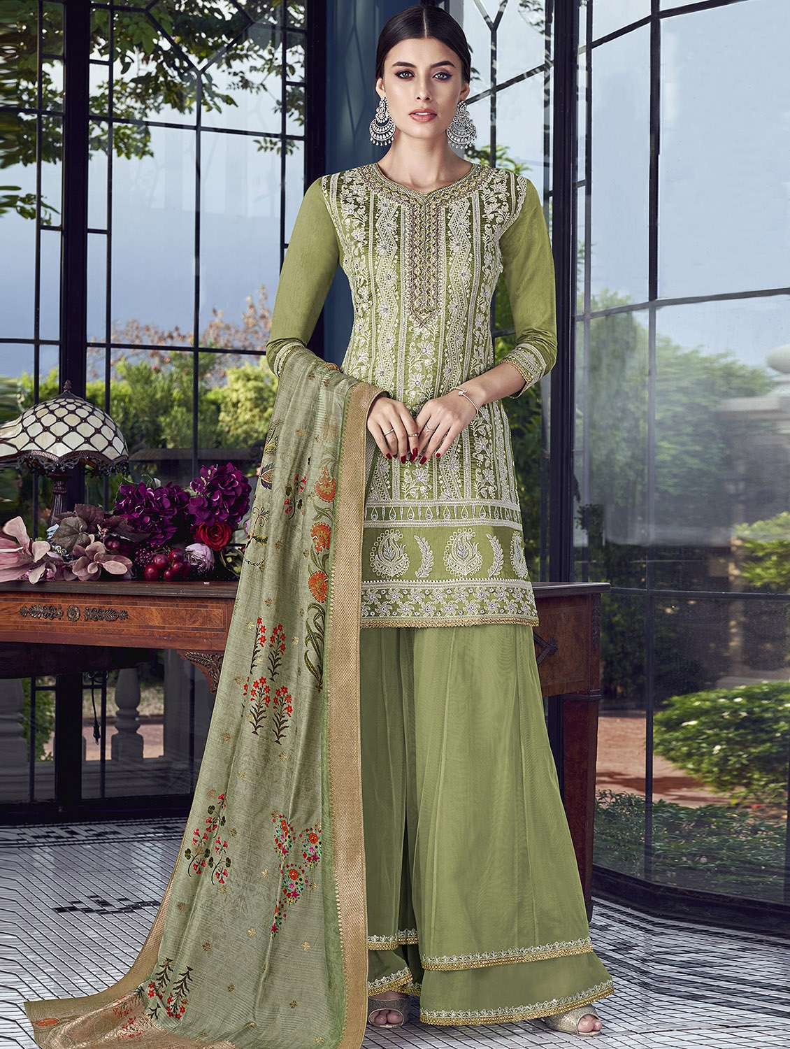 embroidered semi-stitched sharara suit