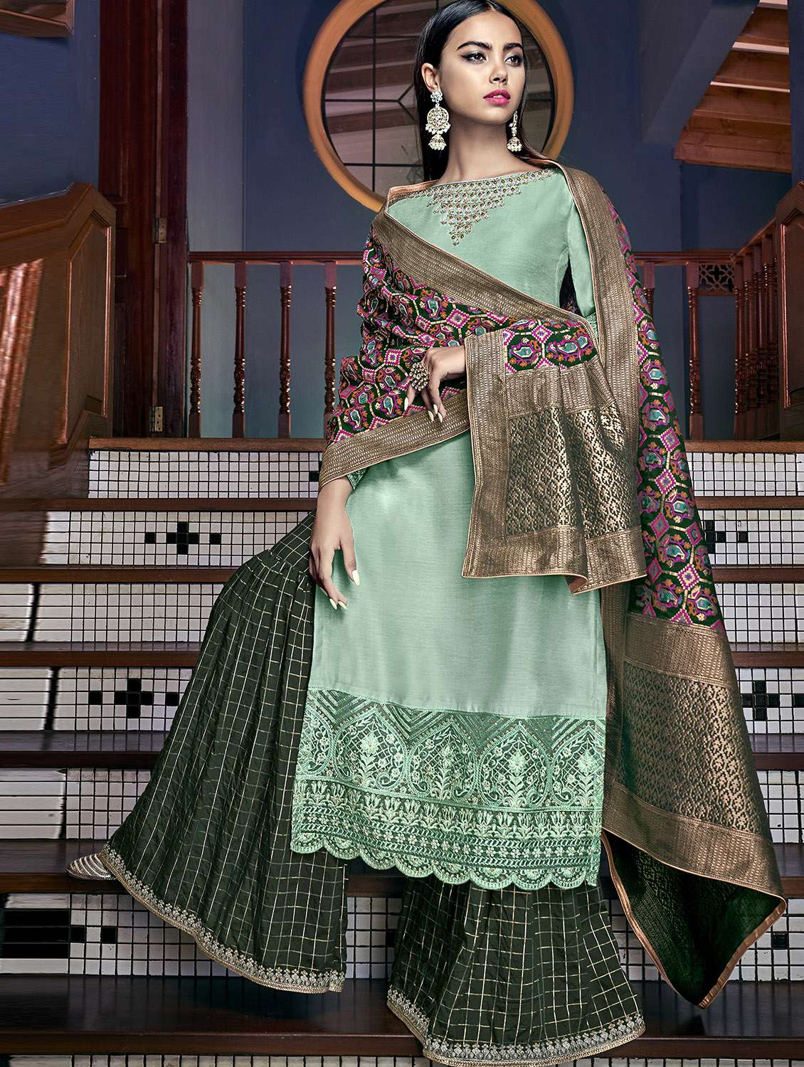 embroidered semi-stitched sharara suit