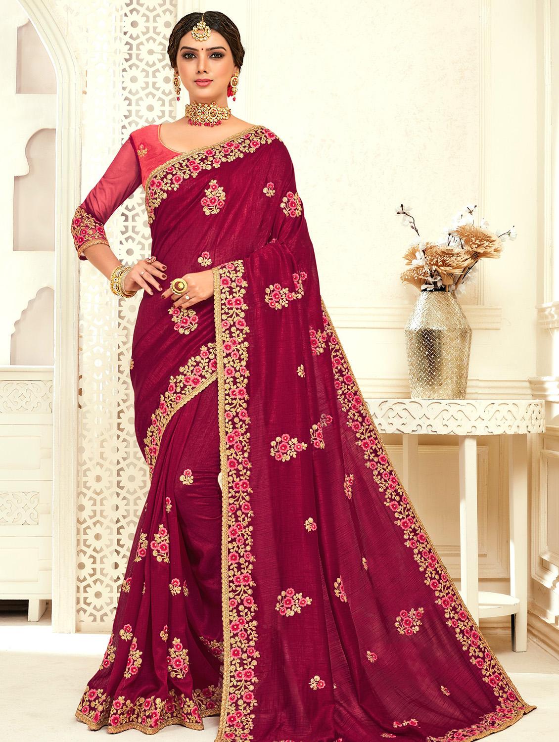 burgundy embroidered saree with blouse