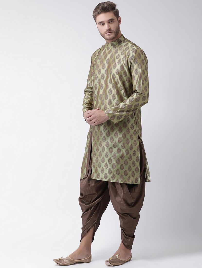 green silk blend jacquard dhoti kurta pyjama set - 16889504 -  Standard Image - 1