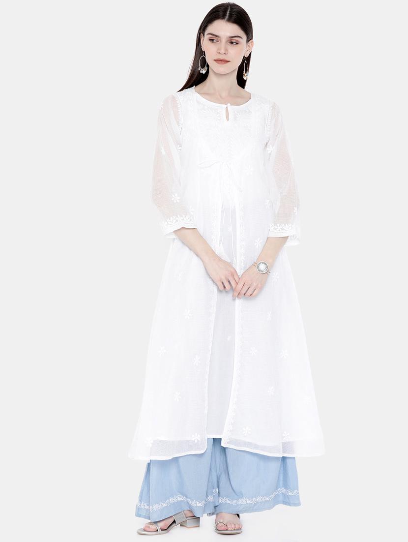 white long cotton silk a line women chikankari kurta - 16889777 - Zoom Image - 0