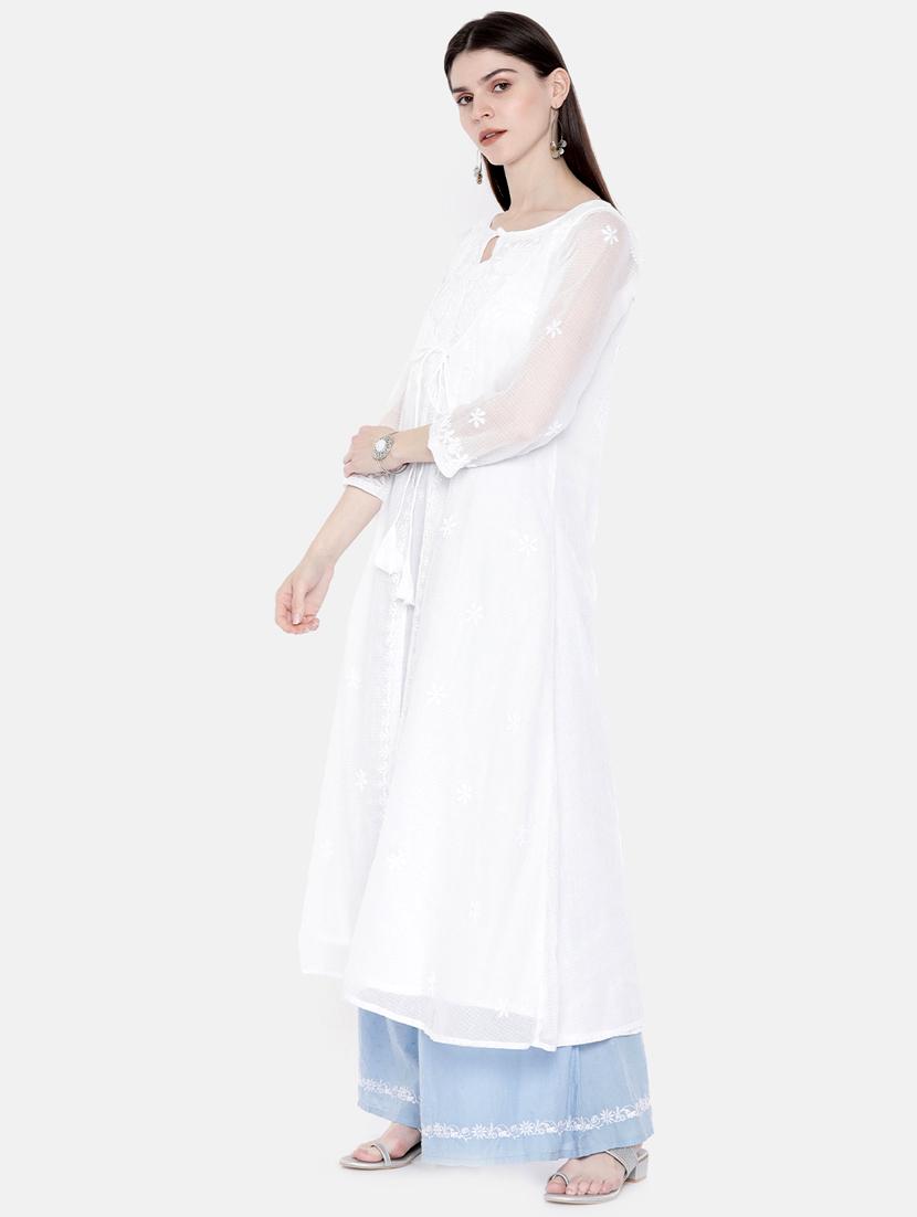 white long cotton silk a line women chikankari kurta - 16889777 -  Standard Image - 1
