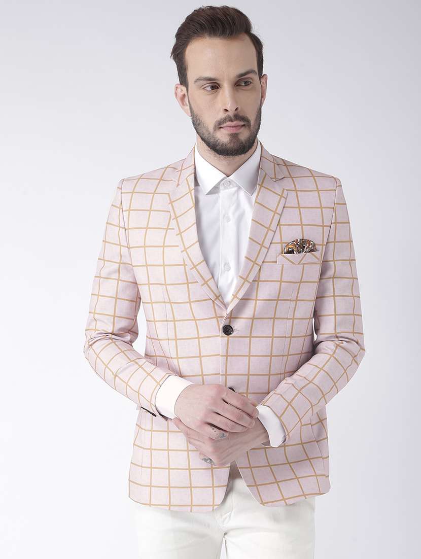 beige checkered single breasted casual blazer