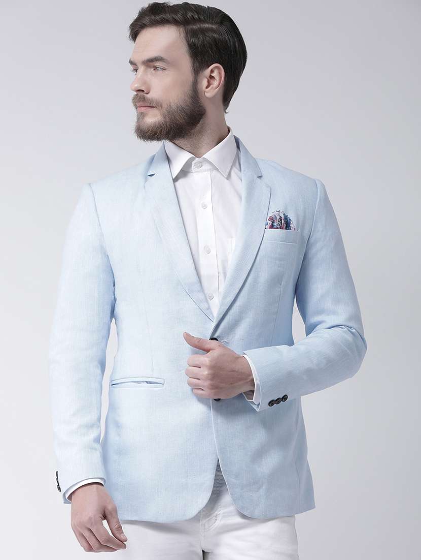 light blue linen solid single breasted casual blazer