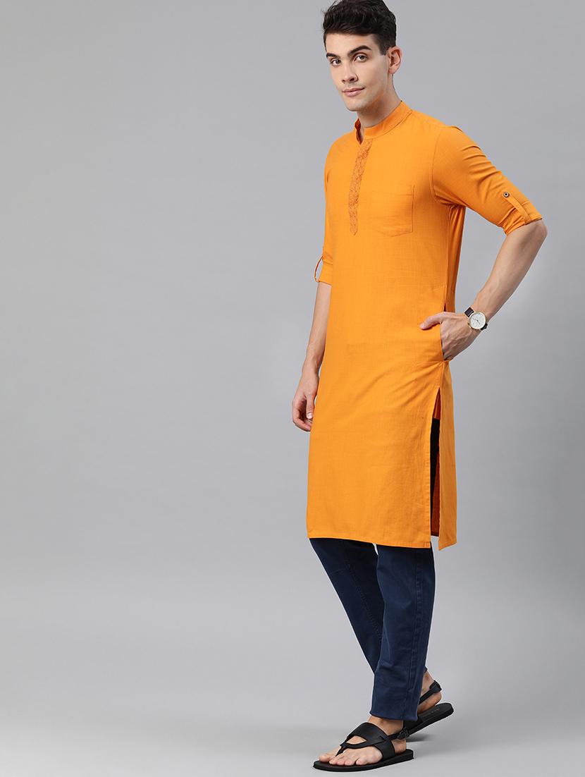 orange solid long kurta with embroidered neckline - 16894487 - Standard Image - 1