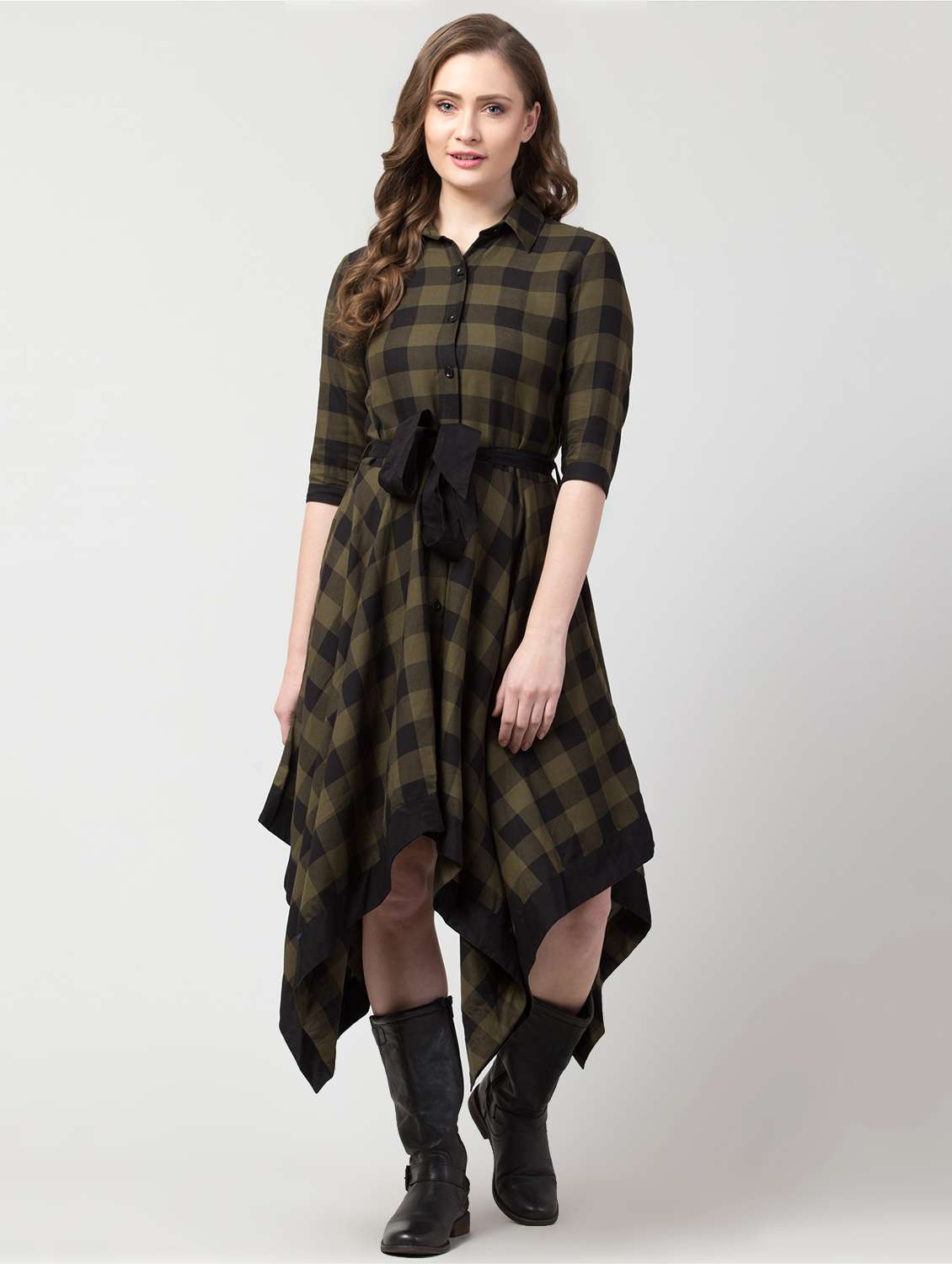 tie front checkered asymmetric dress 