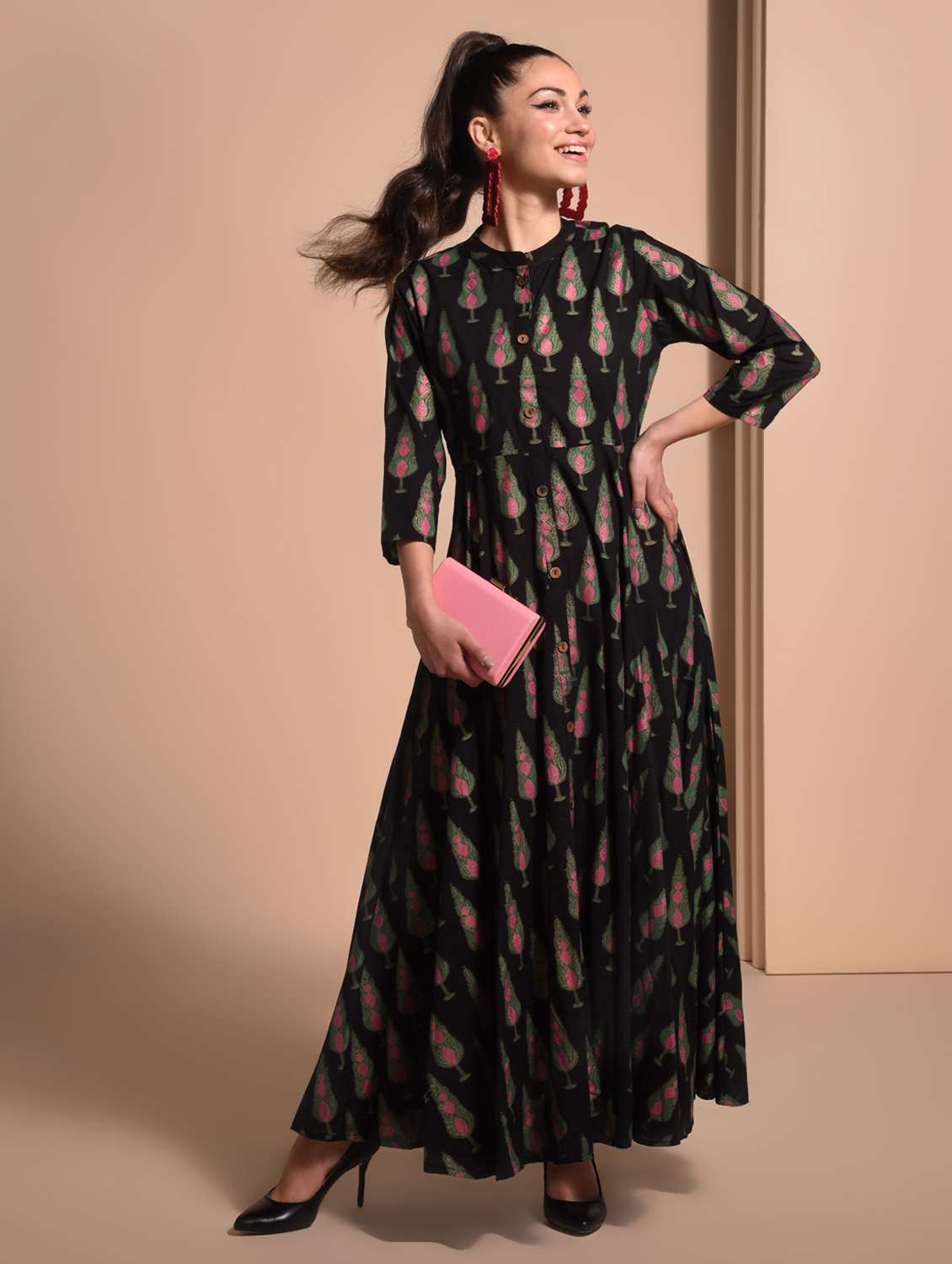 gold print flared kurta 