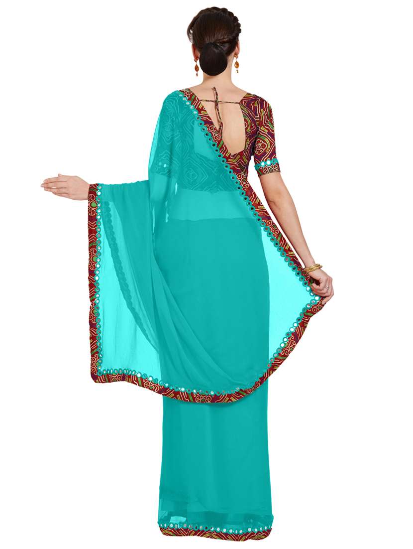 turquoise chiffon bordered saree with blouse - 16900243 -  Standard Image - 1