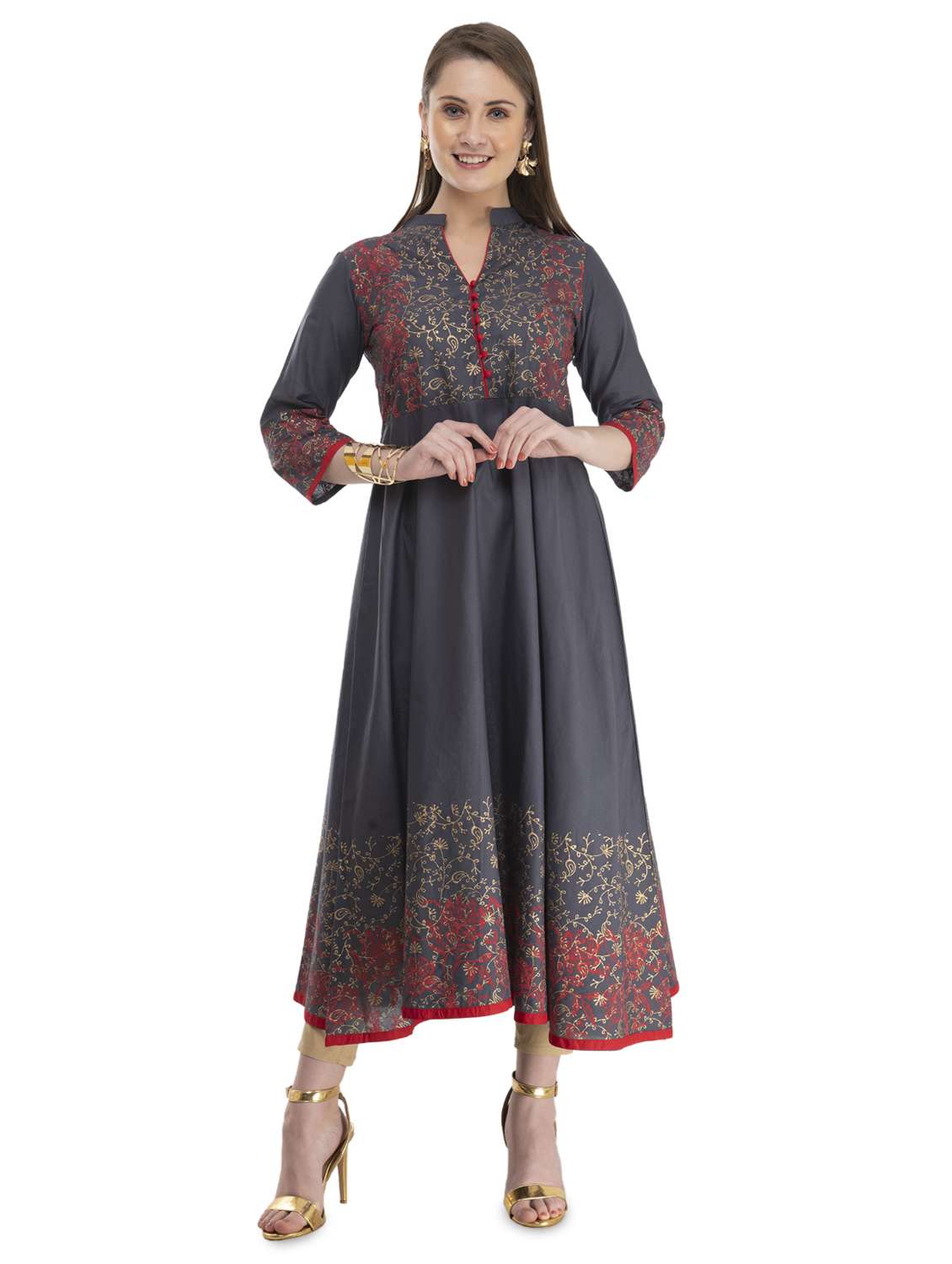 gold print flared kurta 