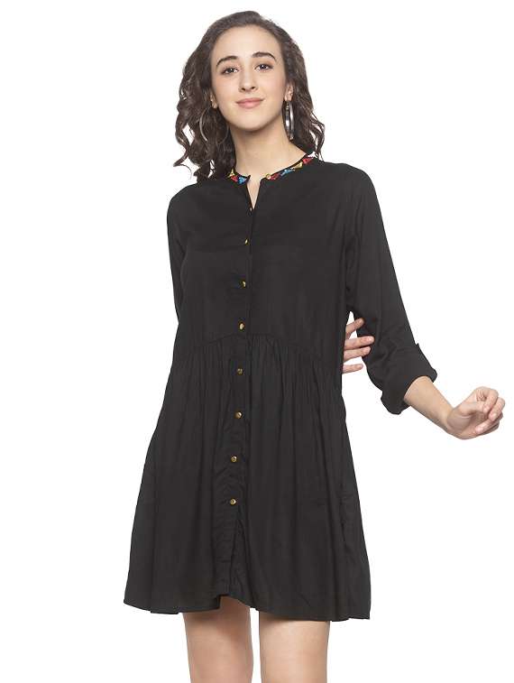 mandarin neck button-up a-line dress 