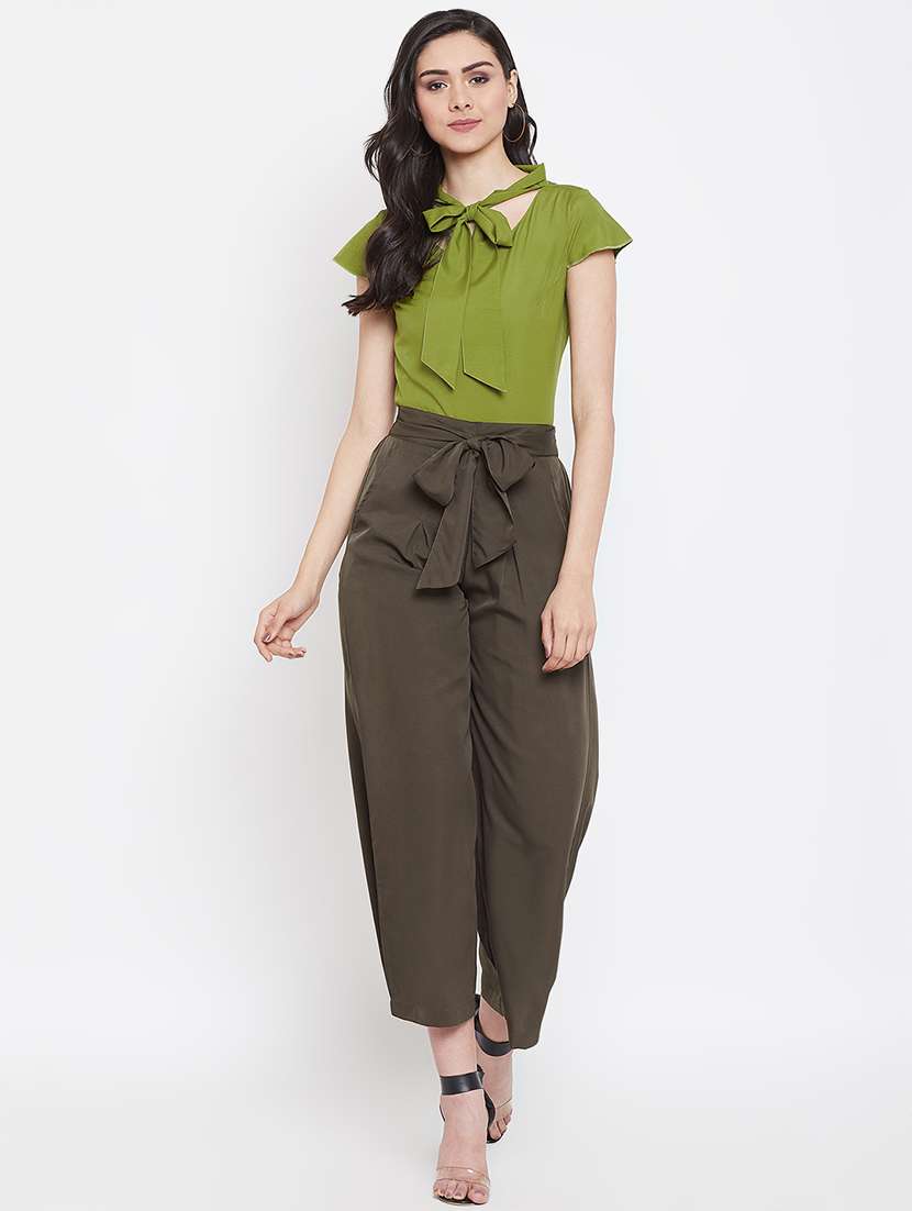 tie up neck top with tie front palazzo set