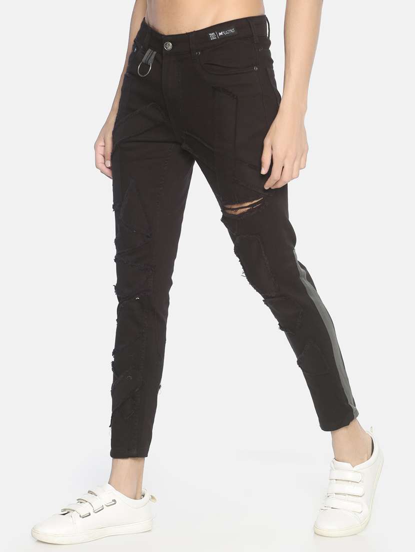 black patched side taped denim jeans - 16919187 - Standard Image - 1