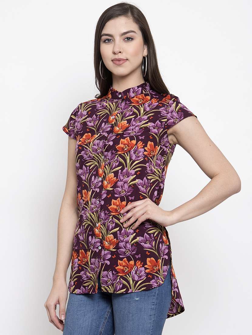 women's high-low mandarin neck top - 16919909 - Standard Image - 1