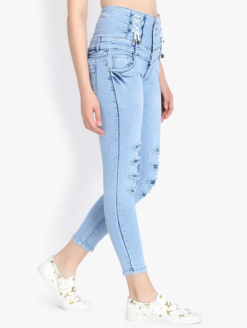 high rise lace-up distressed jeans  - 16921801 -  Standard Image - 1