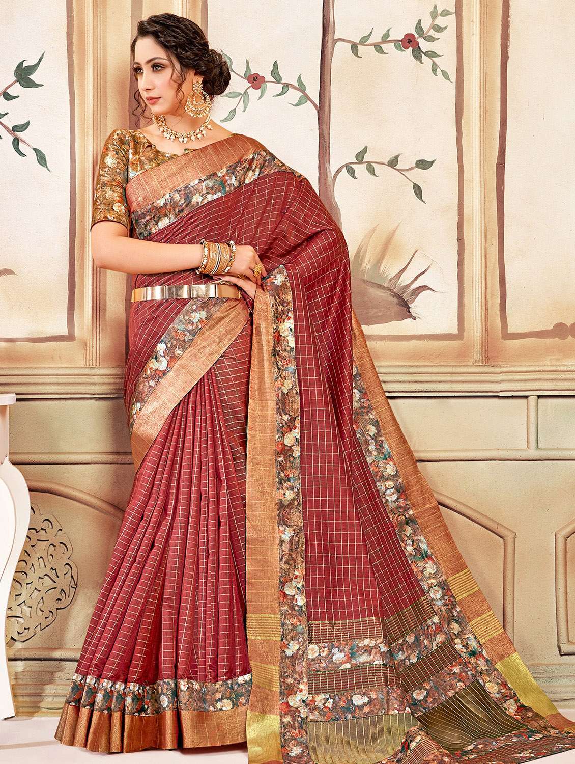 checkered printed saree with blouse