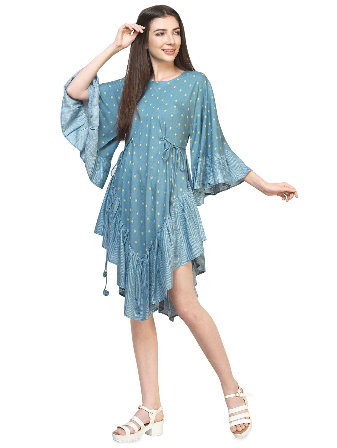 bell sleeved tie front asymmetric dress