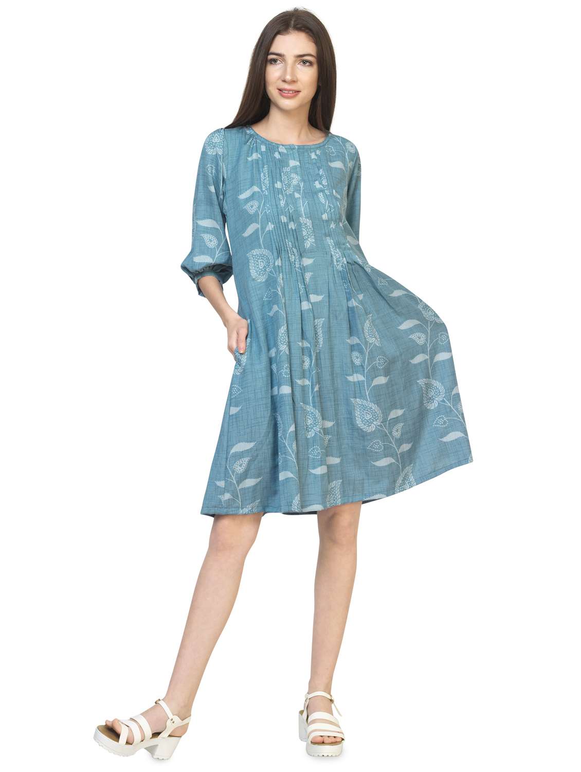 pleat detail floral a-line dress