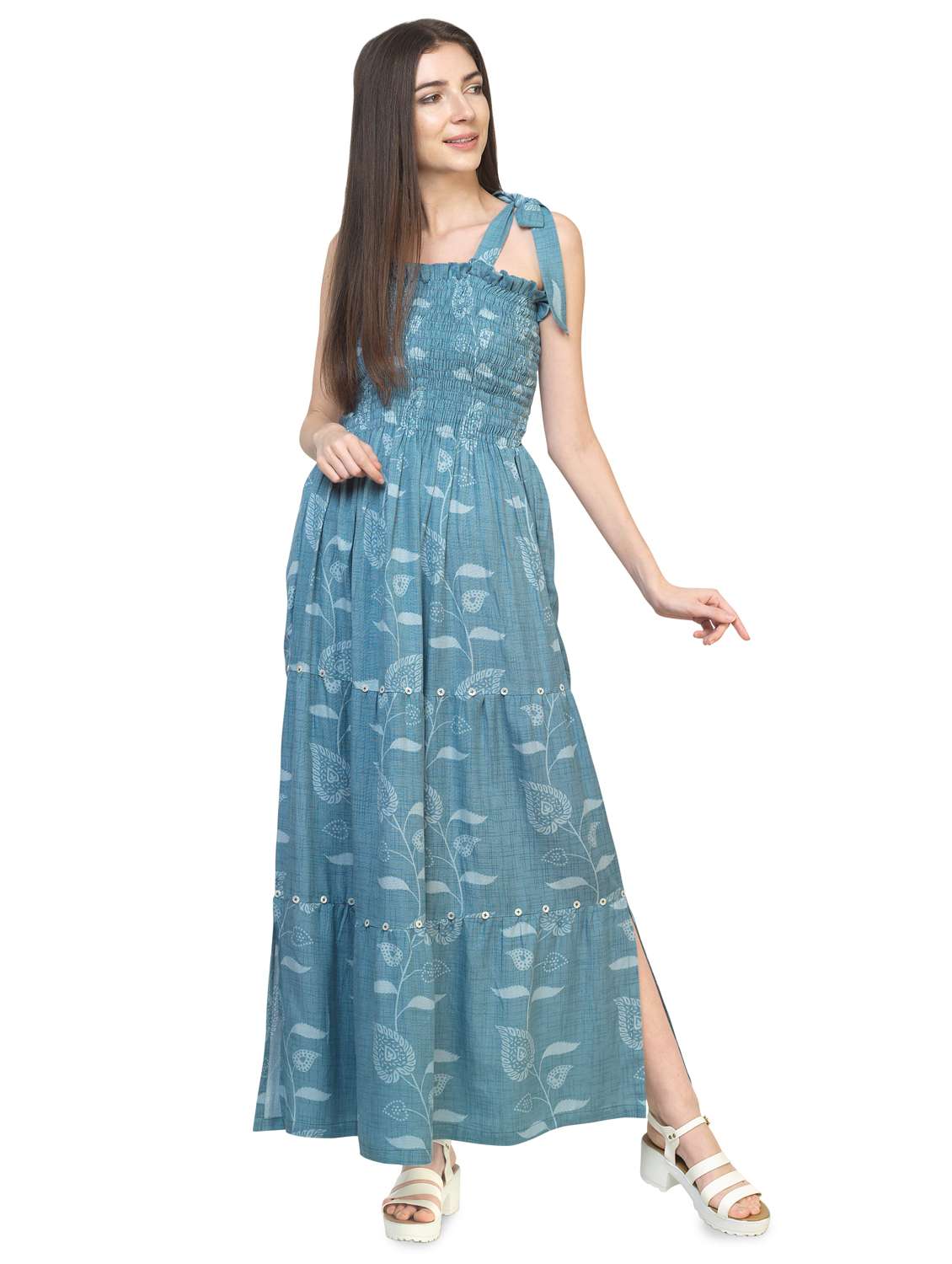 tie knot shoulder smocked maxi dress