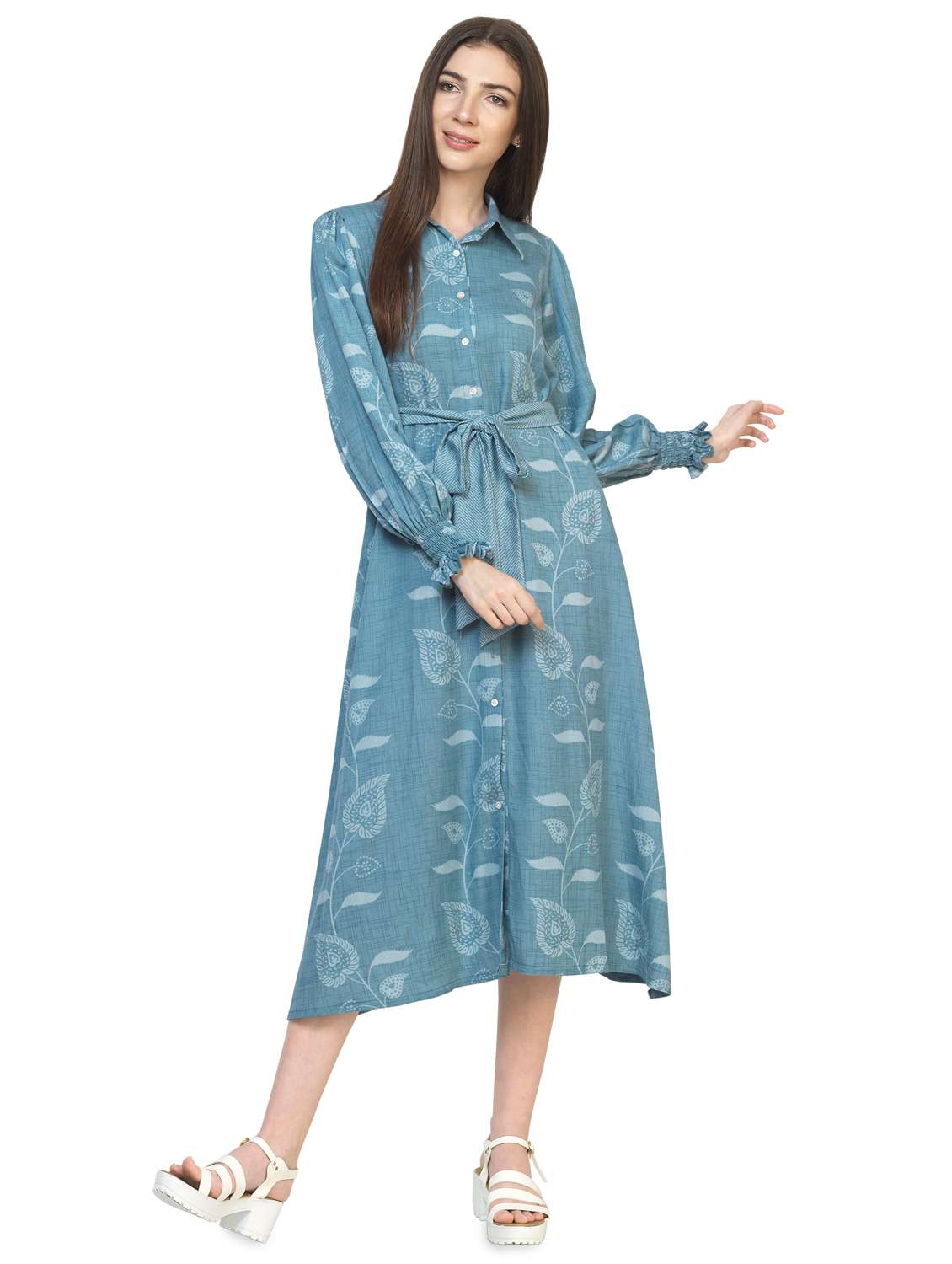 tie front bishop sleeved shirt dress