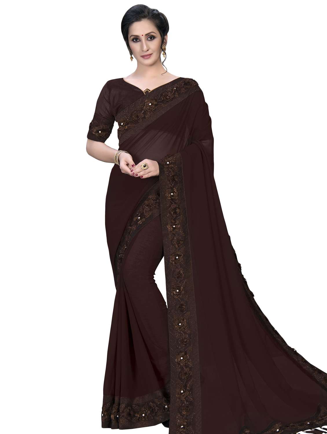 solid bordered saree with blouse