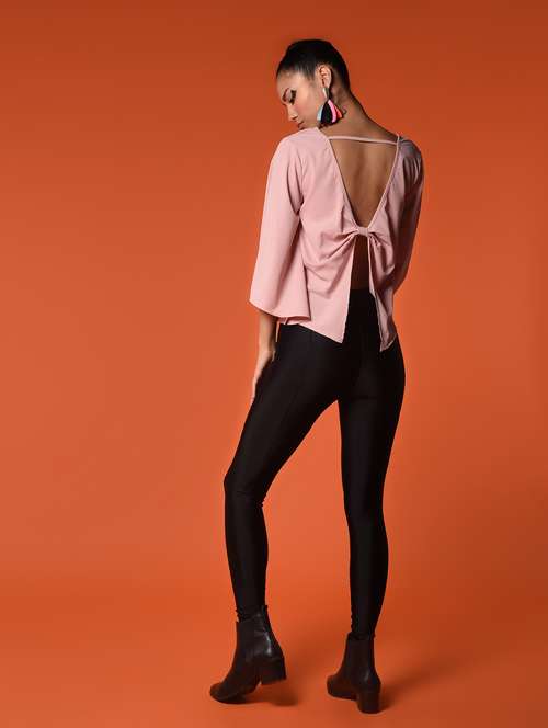 women solid bell sleeves backless top - 16936440 - Standard Image - 0