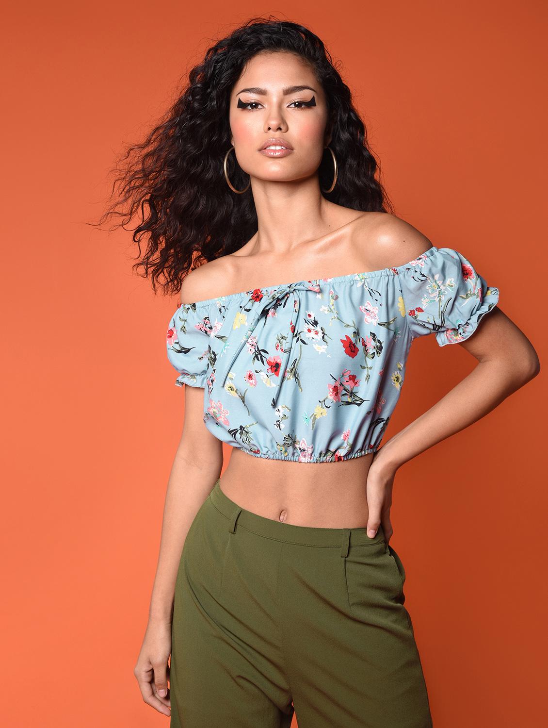 off shoulder floral blouson crop top - 16936443 - Standard Image - 1