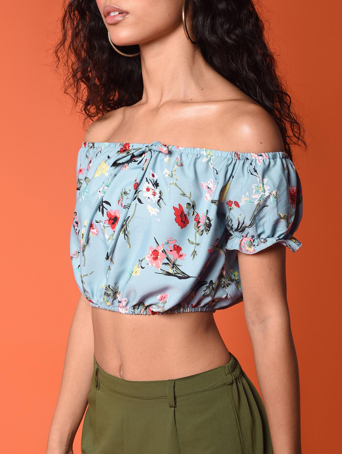 off shoulder floral blouson crop top - 16936443 - Standard Image - 4